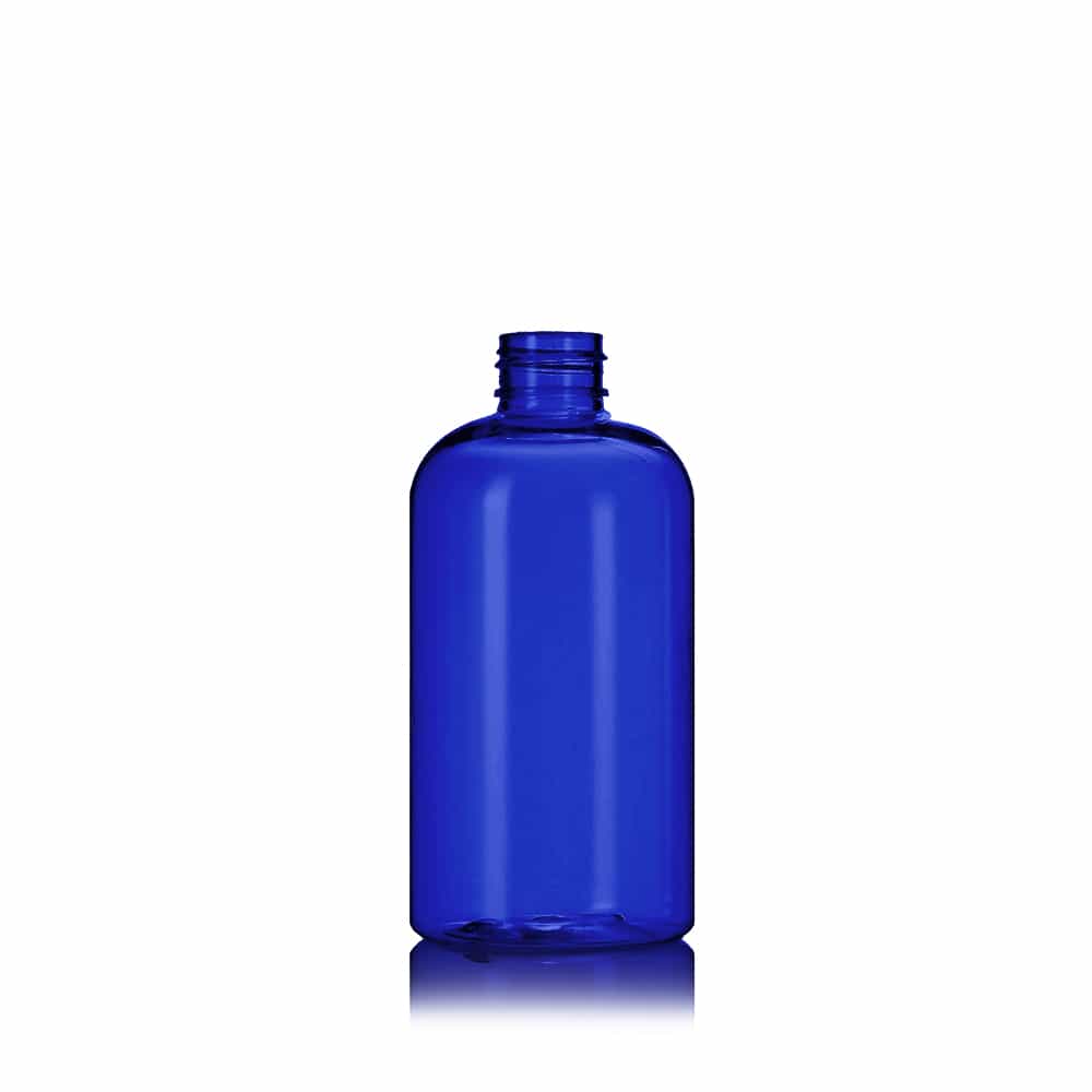 8 oz Blue PET Boston Round Bottle with 24-410 neck finish