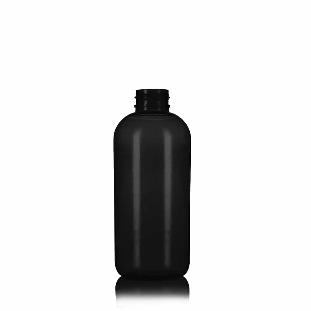 12 oz Black PET Boston Round Bottle with 24-410 neck finish