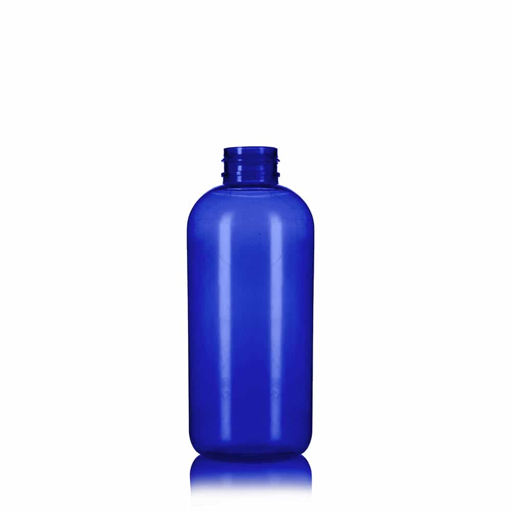 12 oz Blue PET Boston Round Bottle with 24-410 neck finish