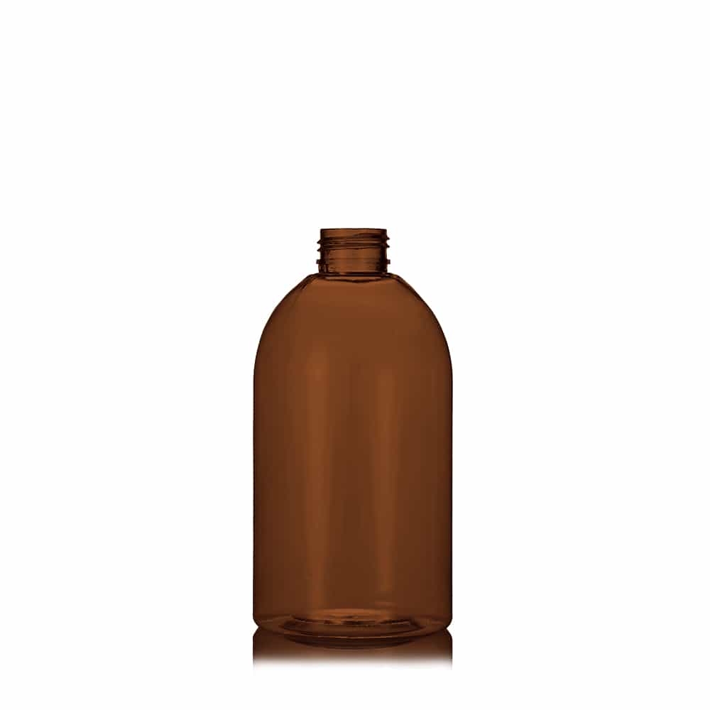16 oz Amber PET Boston Round Bottle with 28-410 neck finish