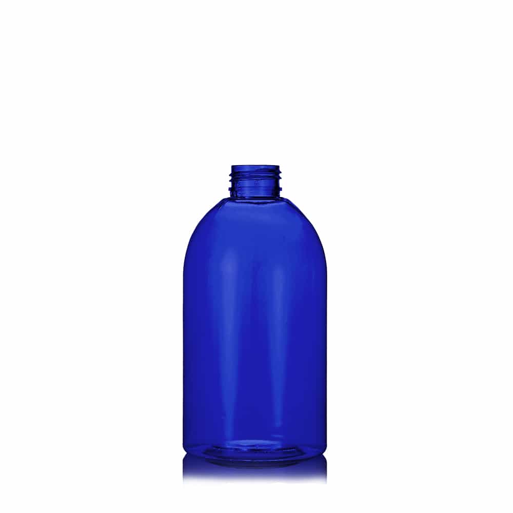 16 oz Blue PET Boston Round Bottle with 28-410 neck finish