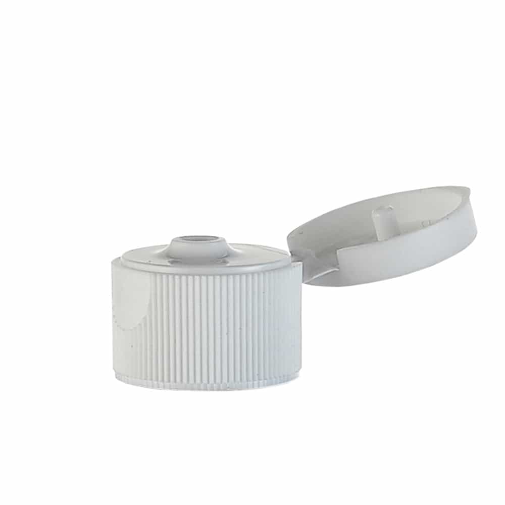 White PP Ribbed Flip Top Cap with 24-410 neck finish and Pressure Sensitive Seal