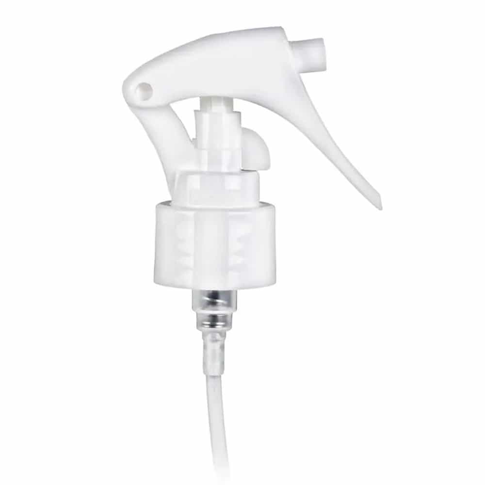 White PP Mini Trigger Sprayer with 24-410 neck finish and 8" Dip Tube, 0.3 cc Output