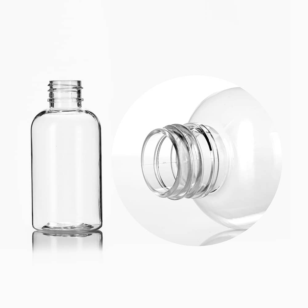 2 oz Clear PET Boston Round Bottle with 20-410 neck finish - Product image