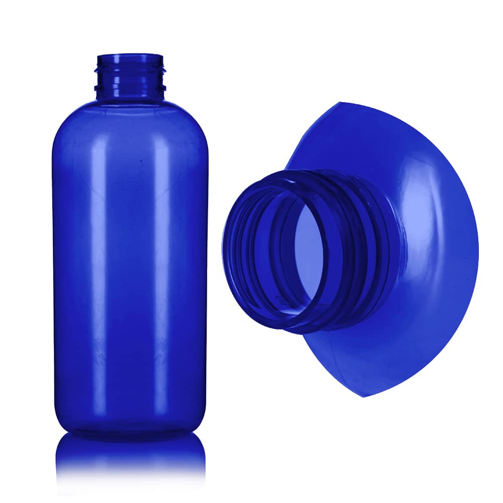 12 oz Blue PET Boston Round Bottle with 24-410 neck finish - Product image