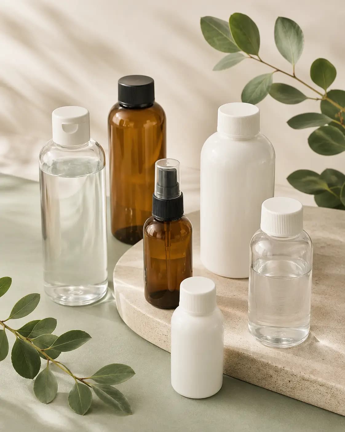 Pro Pack Solutions catalog selection of PCR PET bottles in clear, amber, and white
