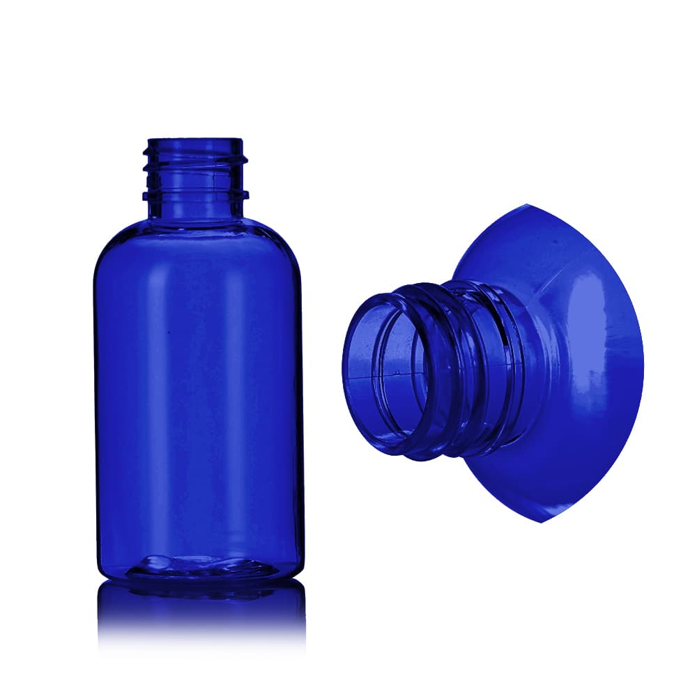 2 oz Blue PET Boston Round Bottle with 20-410 neck finish - Product image