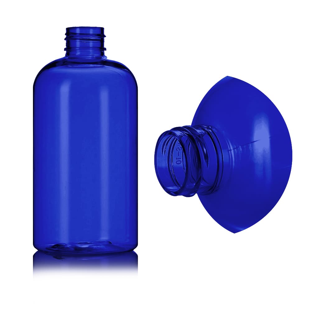 8 oz Blue PET Boston Round Bottle with 24-410 neck finish - Product image
