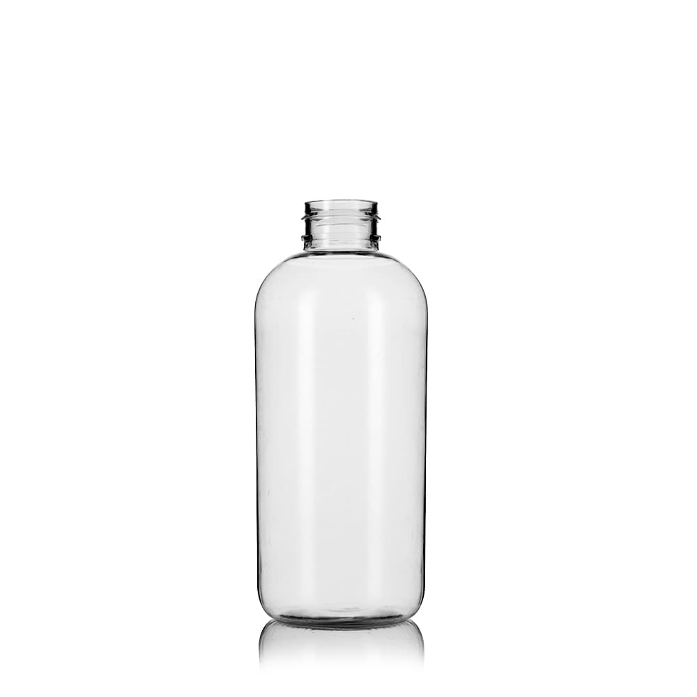 12 oz Clear PET Boston Round Bottle with 24-410 neck finish - Product image
