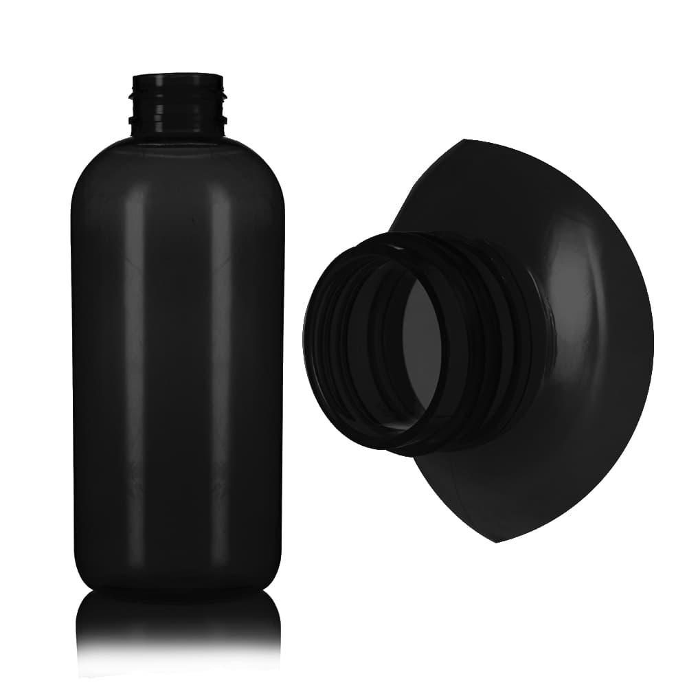 12 oz Black PET Boston Round Bottle with 24-410 neck finish - Product image