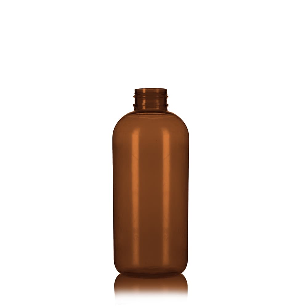 12 oz Amber PET Boston Round Bottle with 24-410 neck finish - Product image