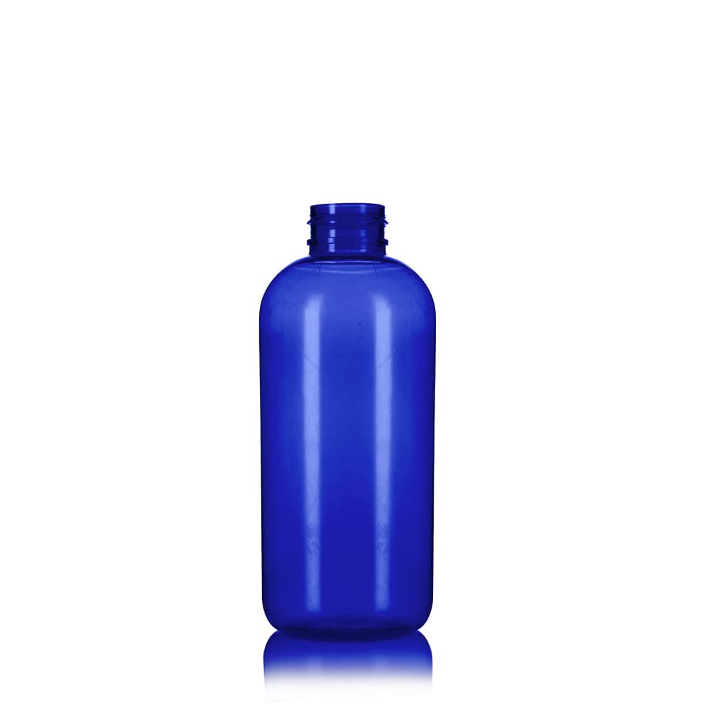 12 oz Blue PET Boston Round Bottle with 24-410 neck finish - Product image