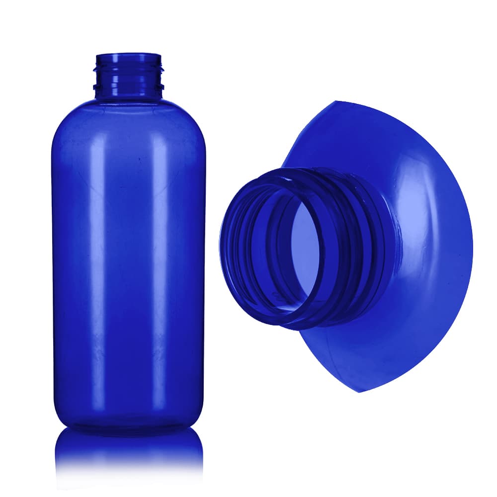 12 oz Blue PET Boston Round Bottle with 24-410 neck finish - Product image