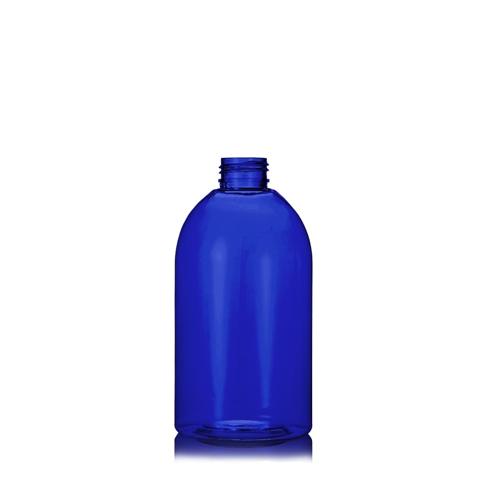 16 oz Blue PET Boston Round Bottle with 28-410 neck finish - Product image
