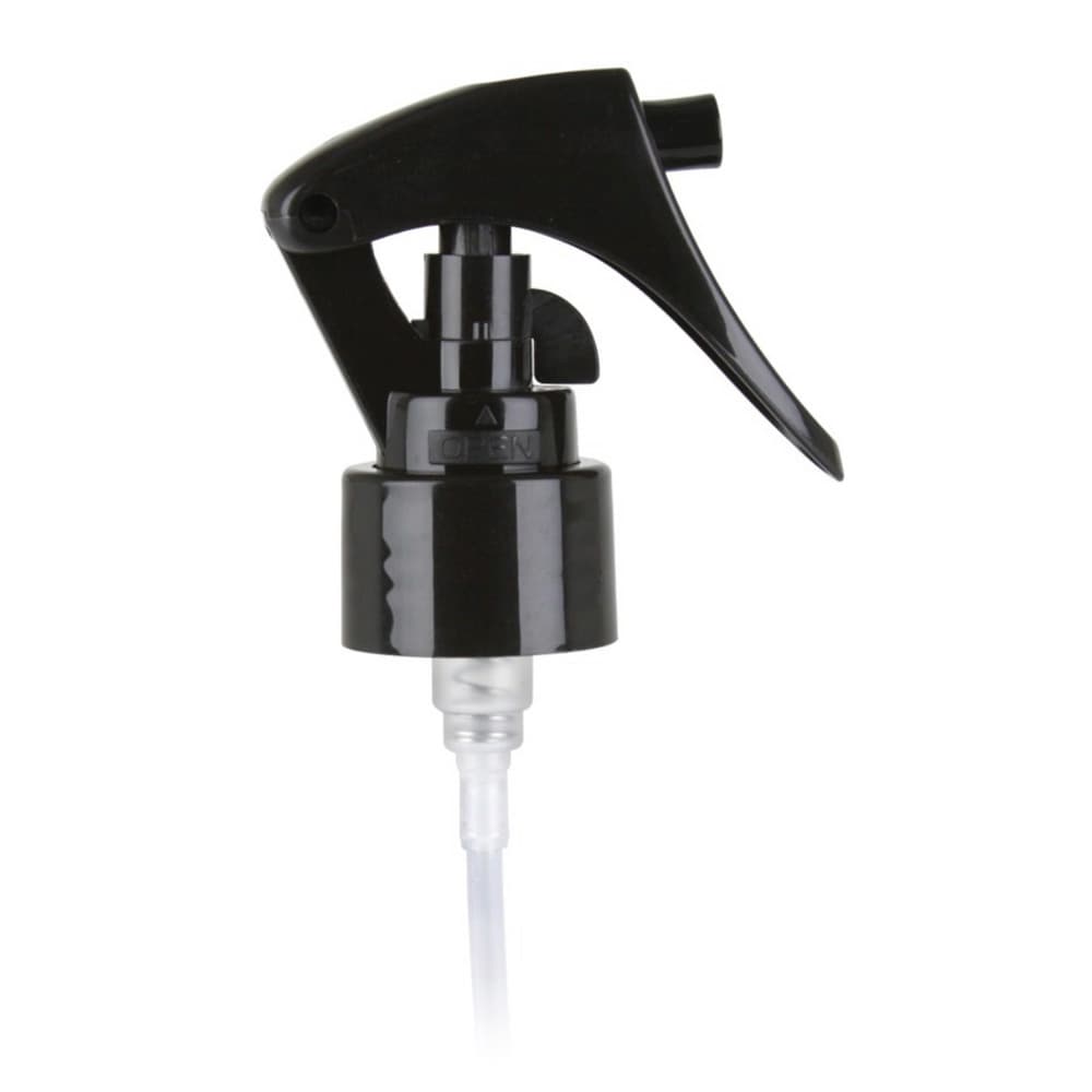 Black PP Mini Trigger Sprayer with 24-410 neck finish and 8" Dip Tube, 0.3 cc Output - Product image
